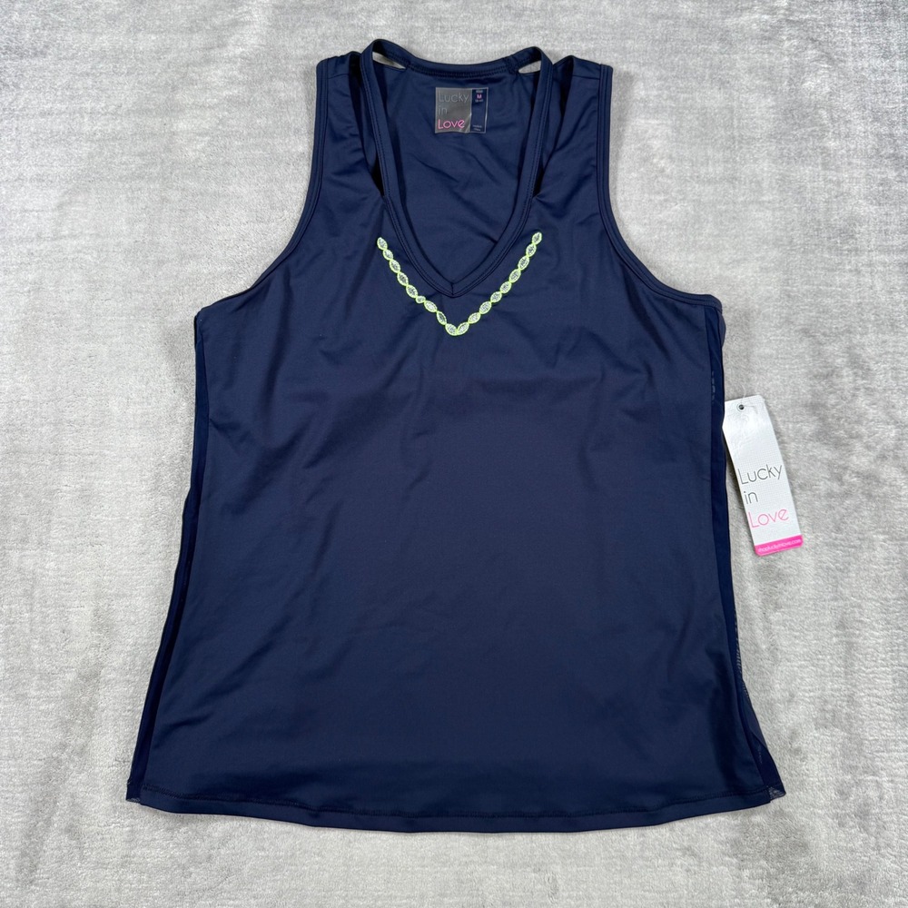 Lucky in Love Shirt Women Medium Navy Blue VNeck Mesh Activewear Tennis Top